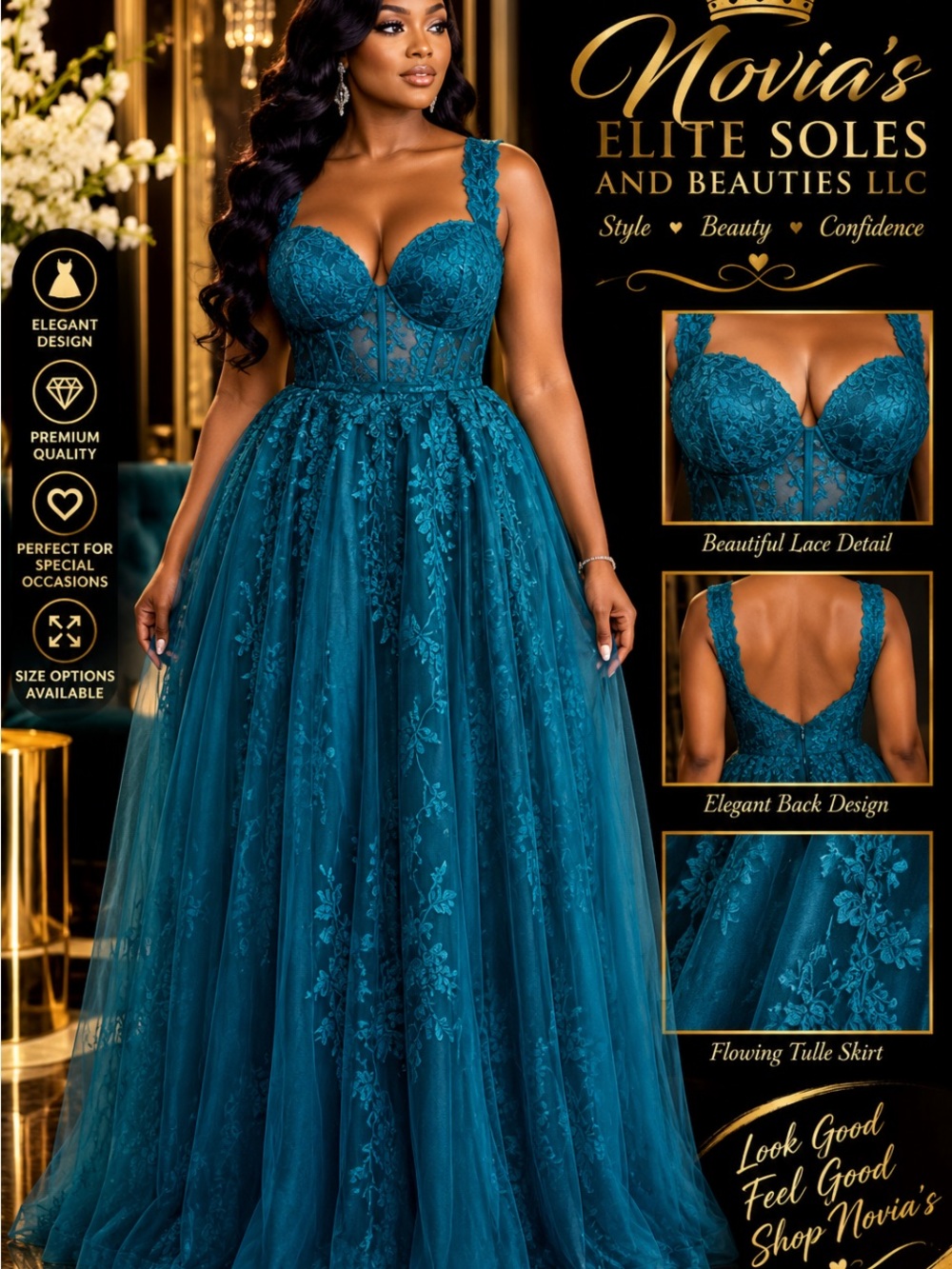Novia's Teal Lace Evening Gown - Elegant Women's Dress